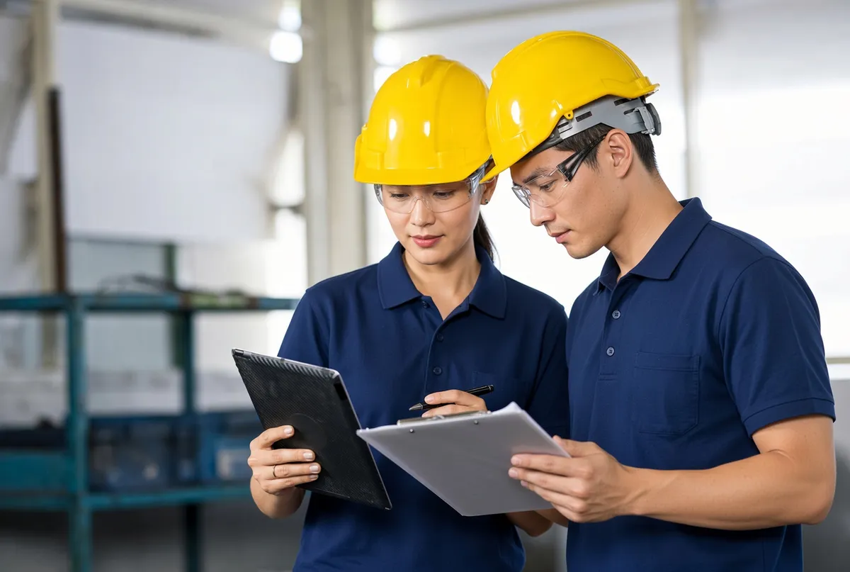 Two inspectors checking a sealed carton against a checklist in a warehouse